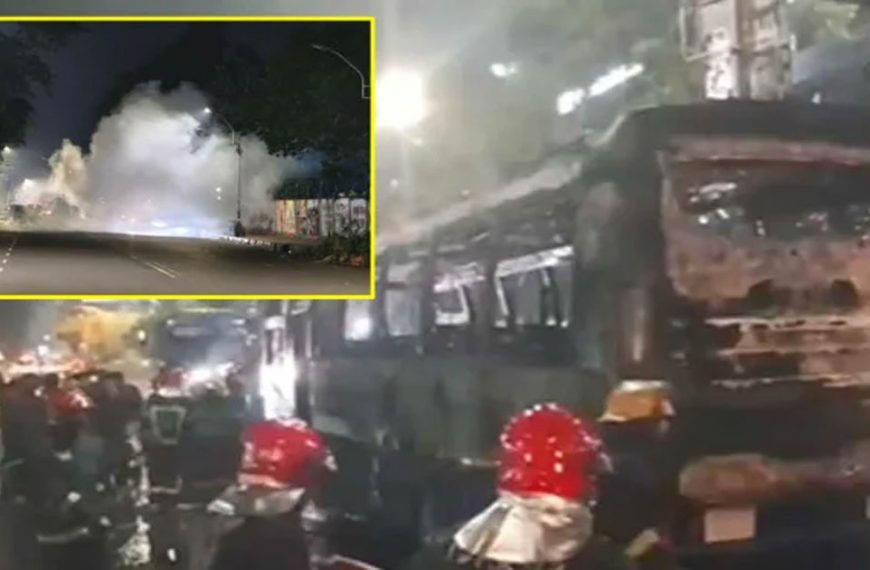 ঢাকার বিভিন্ন স্থানে ককটেল বিস্ফোরণের মধ্যে থানার সামনে বাসে আগুন