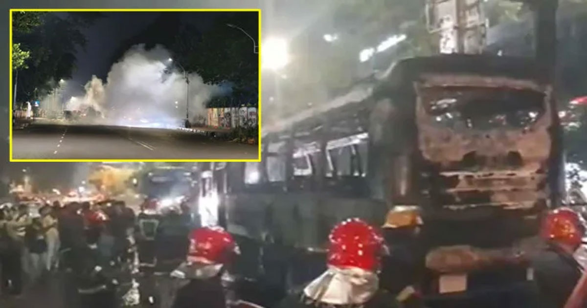 ঢাকার বিভিন্ন স্থানে ককটেল বিস্ফোরণের মধ্যে থানার সামনে বাসে আগুন