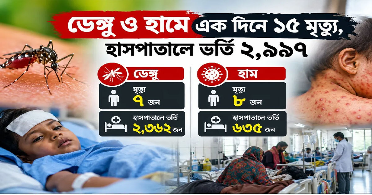 দেশে ডেঙ্গু ও হামে এক দিনে আরও ১৫ জনের মৃত্যু, হাসপাতালে ভর্তি ২,৯৯৭